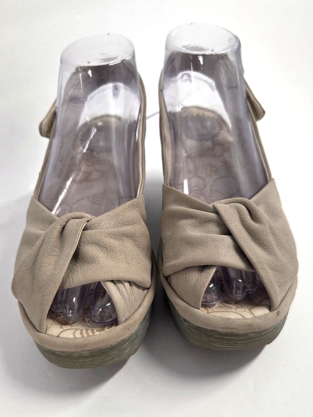 FLY London YAKIN Leather Wedge Sandals Taupe Beige Peep Toe Platform 37 US 6.5/7